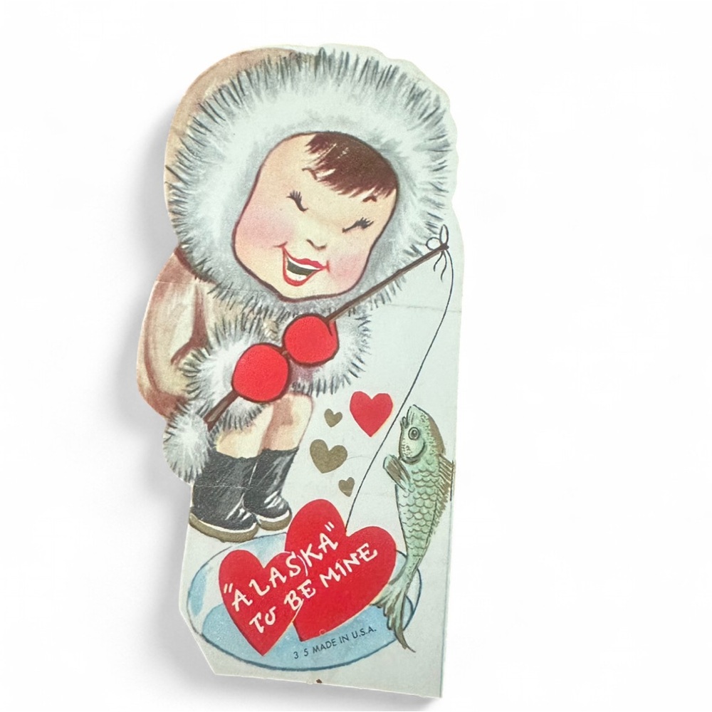 vintage paper Valentine's Day Eskimo ice fishing scene Alaska To Be Mine